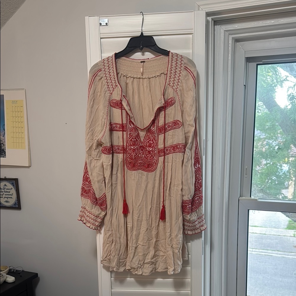 Free People Cream and Red Embroidered Top